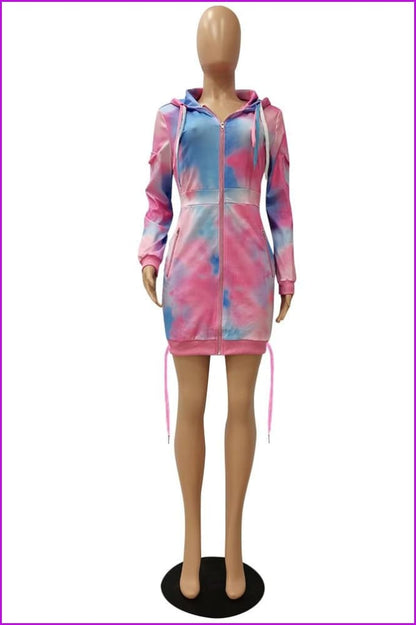 Tie Dye Print Hooded Zipper Dress F3234 - Furdela