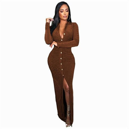 Turn-down Collar Button Split Bodycon Maxi Dress - Furdela