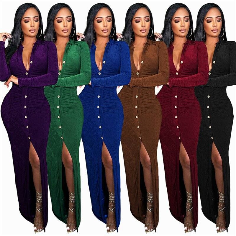 Turn-down Collar Button Split Bodycon Maxi Dress - Furdela