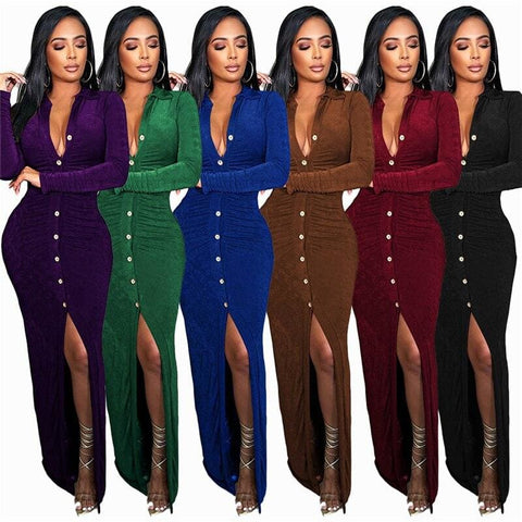 Turn-down Collar Button Split Bodycon Maxi Dress - Furdela
