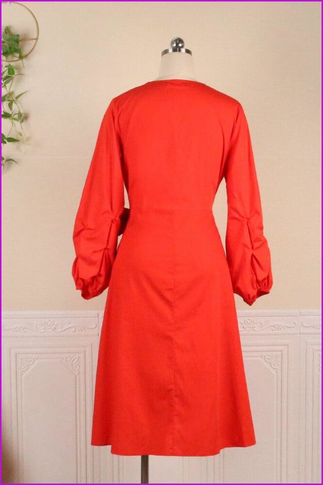 V Neck Long Lantern Sleeves High Waist Dress F2864 - Furdela