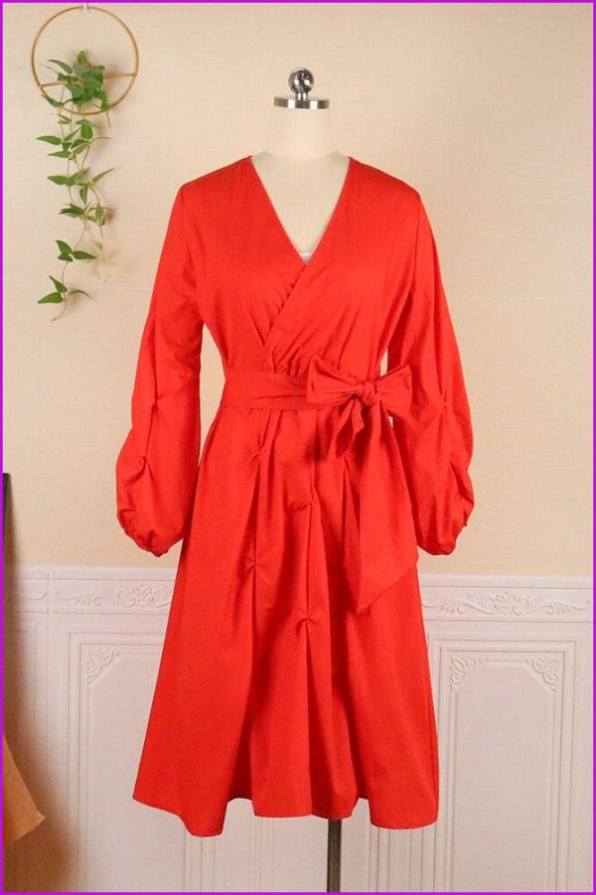 V Neck Long Lantern Sleeves High Waist Dress F2864 - Furdela