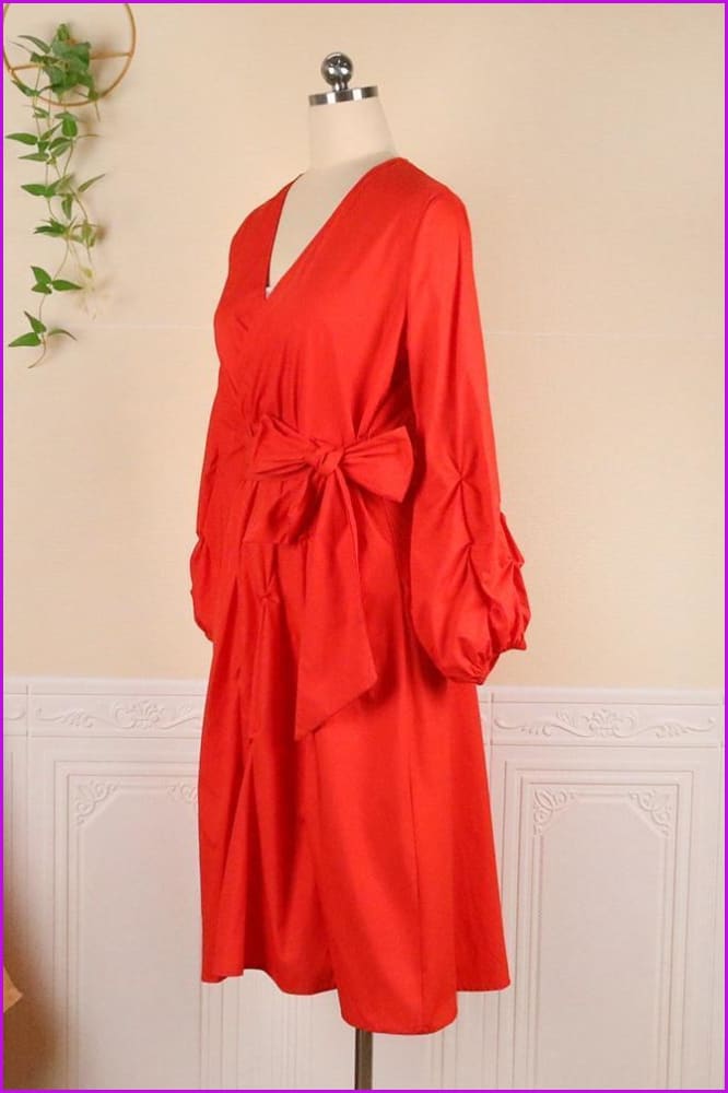 V Neck Long Lantern Sleeves High Waist Dress F2864 - Furdela