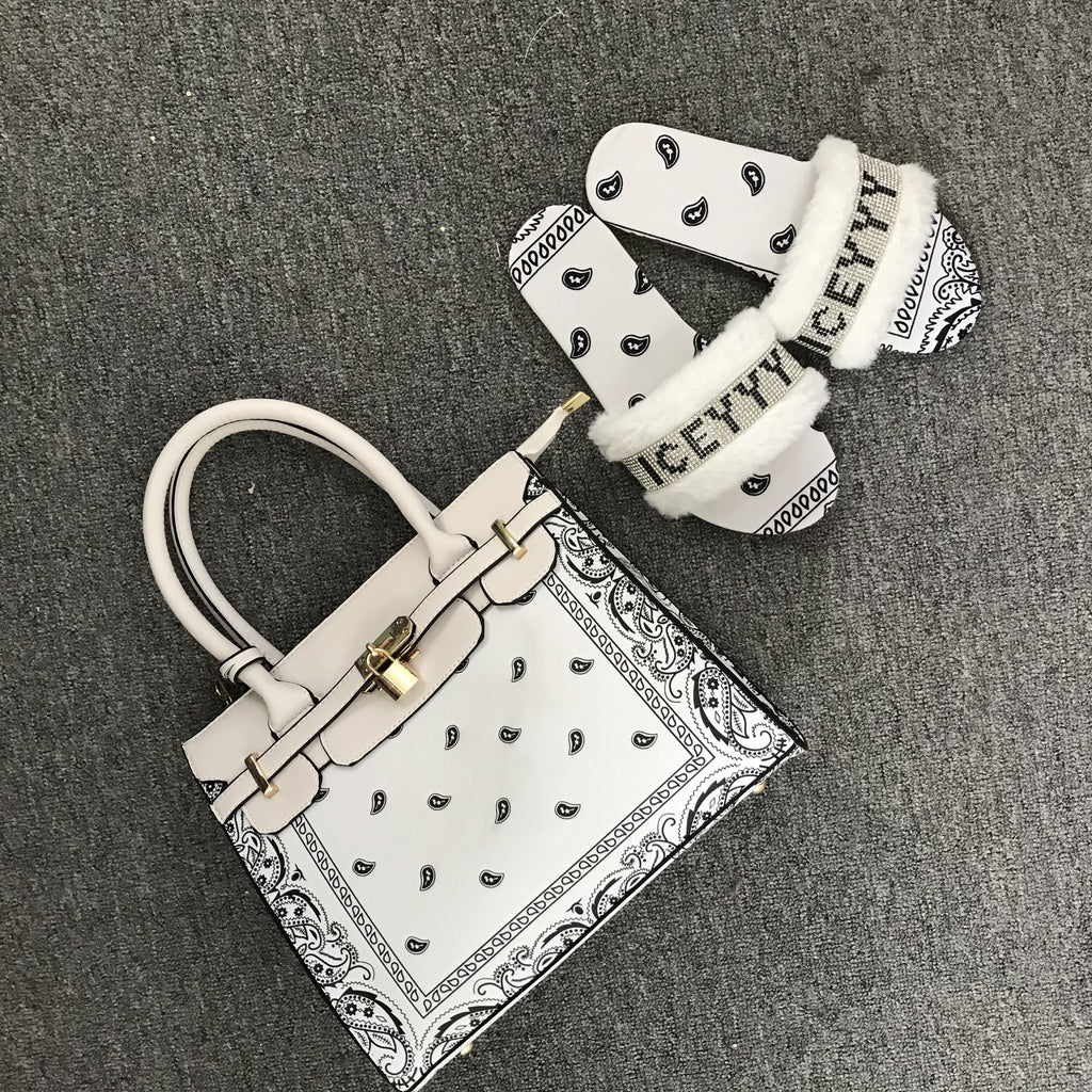 White Bandana Print Lock Handbag And Faux Fur Slides Set - Furdela