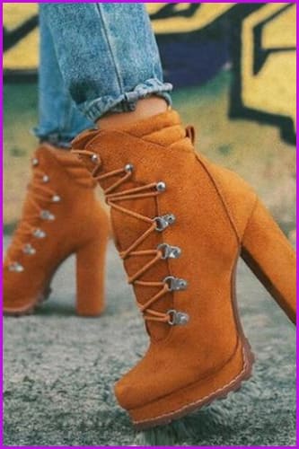 Women Flock Rivet Square High Heels Ankle Boots F3380 - Furdela