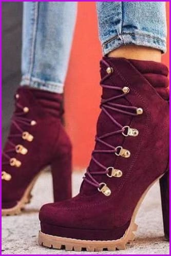 Women Flock Rivet Square High Heels Ankle Boots F3380 - Furdela