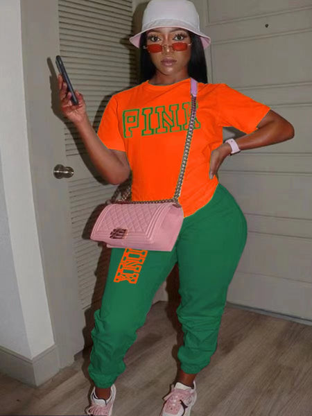 Plus Size Pink Letter Print Pants Set AR5051