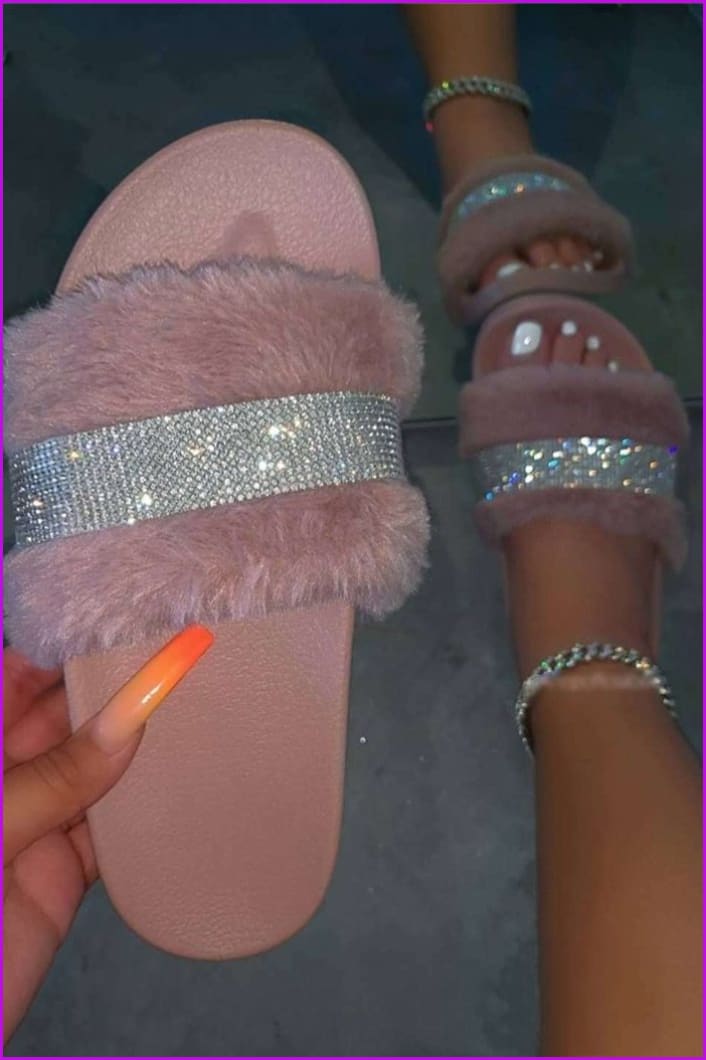 Women Crystal Home Flat Fluffy Fur Slides F1915 - Furdela