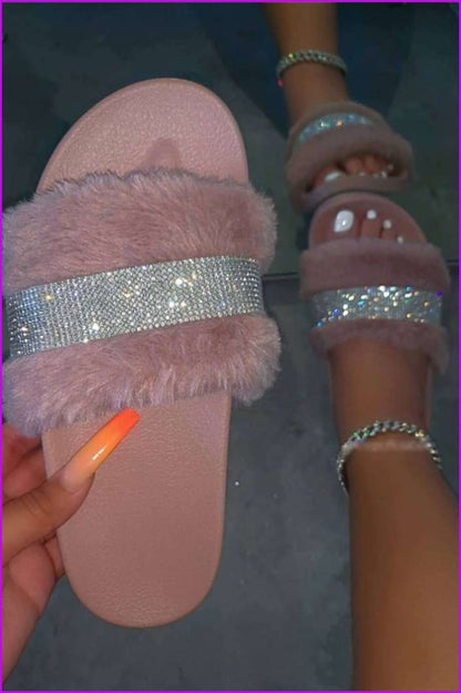 Women Crystal Home Flat Fluffy Fur Slides F1915 - Furdela