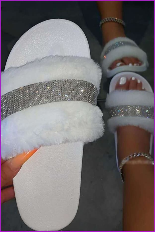 Women Crystal Home Flat Fluffy Fur Slides F1915 - Furdela