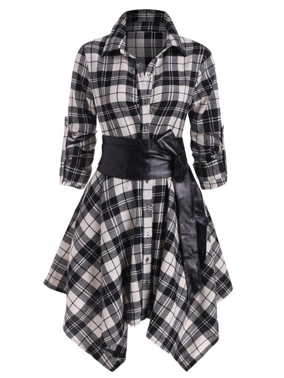 Women Plaid Belted Roll Tab Sleeve Handkerchief Dress F2862 - Furdela Wholesale