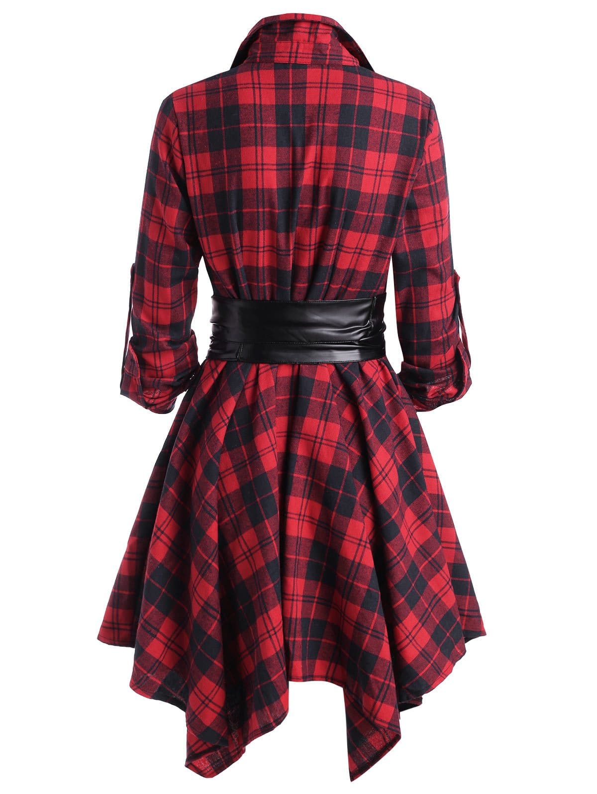 Women Plaid Belted Roll Tab Sleeve Handkerchief Dress F2862 - Furdela Wholesale