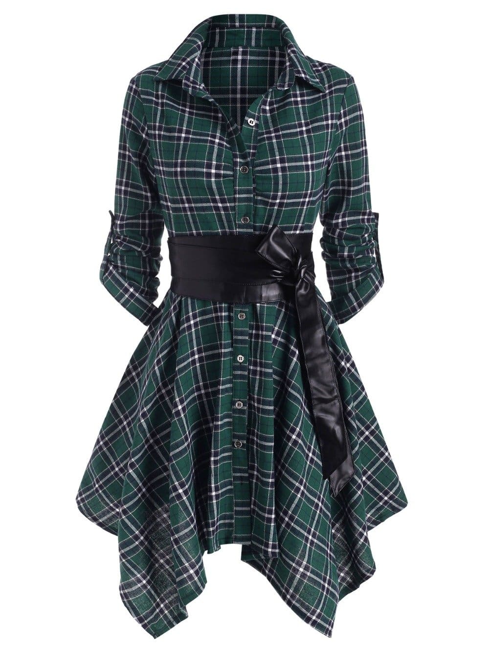 Women Plaid Belted Roll Tab Sleeve Handkerchief Dress F2862 - Furdela Wholesale