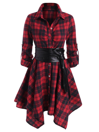 Women Plaid Belted Roll Tab Sleeve Handkerchief Dress F2862 - Furdela Wholesale