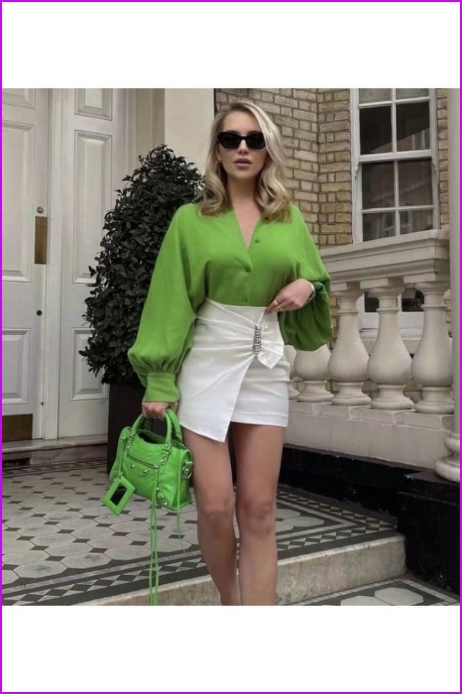 Women's Apple Green Long Sleeve Blouses - Furdela
