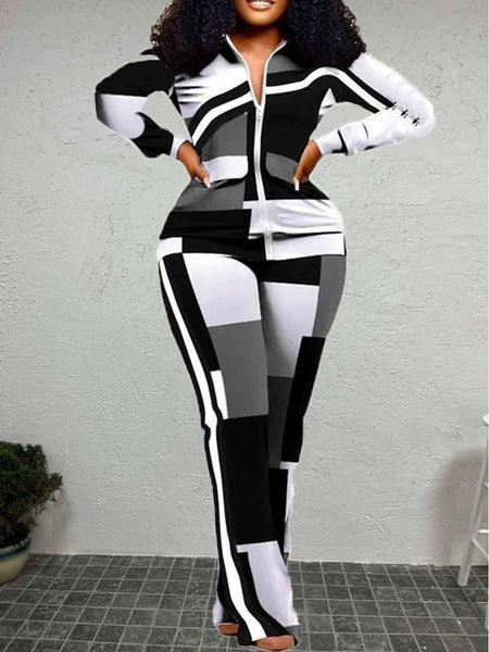 Plus Size Geometric Print Striped Flared Pants Set AT9055