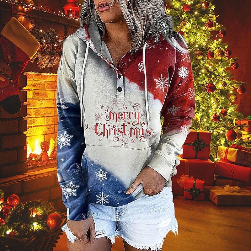 Women's Hoodie Sweatshirt Pullover Streetwear Christmas Front Pocket Print Green White Light Green Elk Christmas Tree Text Christmas Gifts Hooded Long Sleeve Cotton S M L XL XXL / 3D Print PC89