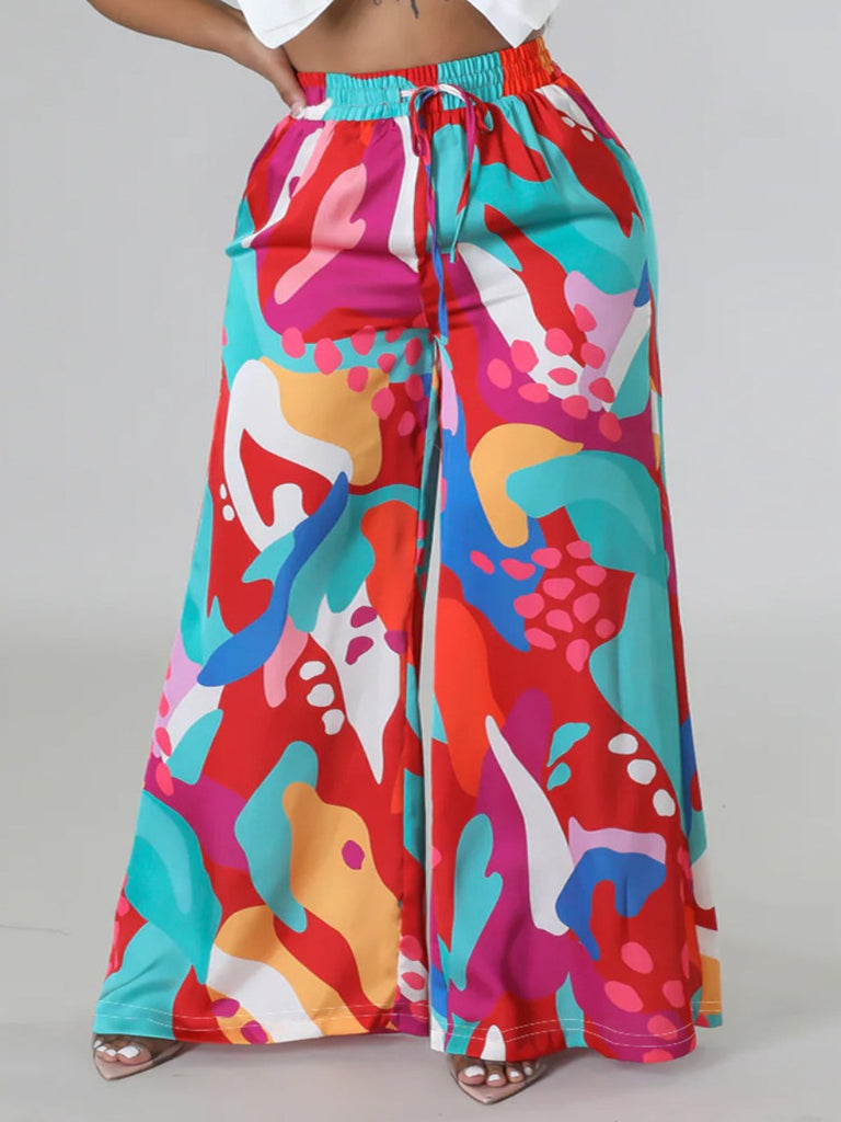 Plus Size Mixed Print Drawstring Wide Leg Pants AT8057