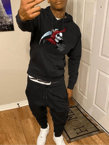 Men Skull Head Print Kangaroo Pocket Tracksuit Set AR7020