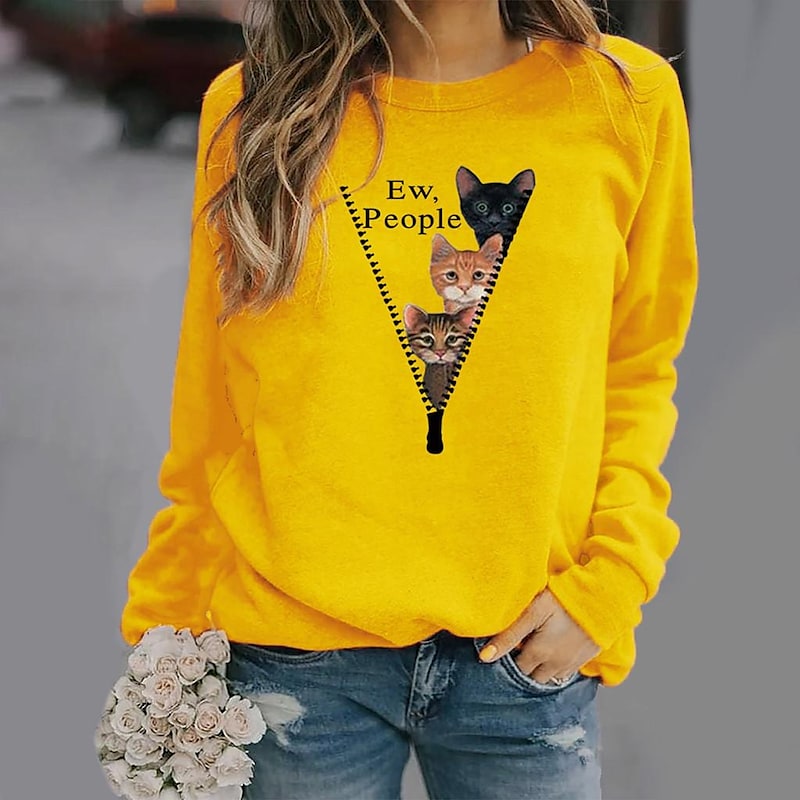 Women's Sweatshirt Pullover Basic Green Blue Purple Cat Street Round Neck Long Sleeve S M L XL 2XL 3XL PC100