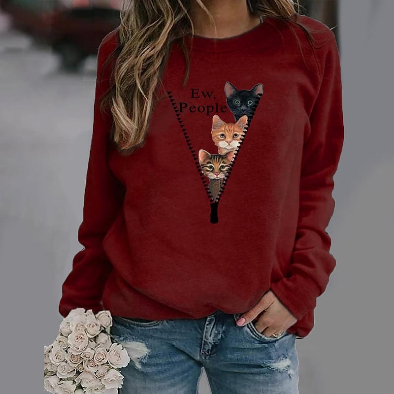 Women's Sweatshirt Pullover Basic Green Blue Purple Cat Street Round Neck Long Sleeve S M L XL 2XL 3XL PC100