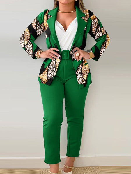 Plus Size Letter Print Belt Design Blazer Pants Set BO3021