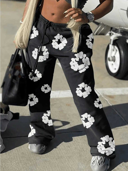 Mid Waist Floral Decor Drawstring Sweatpants AT9013