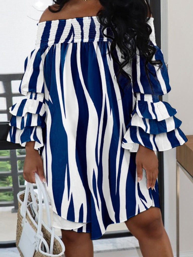 Plus Size Off The Shoulder Striped Layered Cascading Dress AR5032