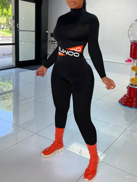 Turtleneck Letter Print Skinny Jumpsuit AR5075