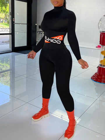 Turtleneck Letter Print Skinny Jumpsuit AR5075