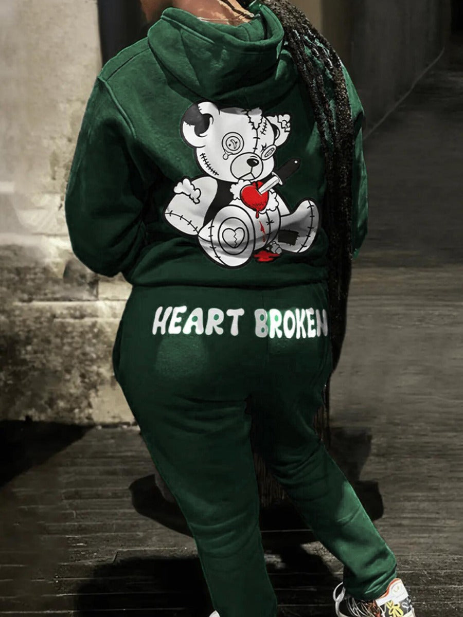 Plus Size Teddy Bear Letter Print Kangaroo Pocket Tracksuit Set AR5023