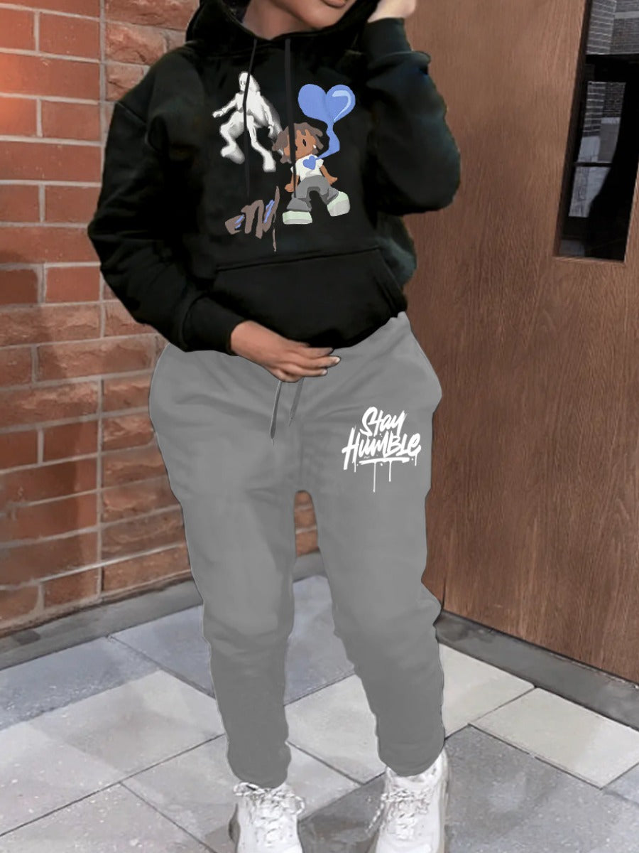 Plus Size Cartoon Letter Print Kangaroo Pocket Tracksuit Set AR8018