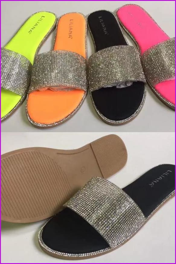 Yellow/Black/Hot Pink/Orange Crystal Slides Sandals F191 - Furdela