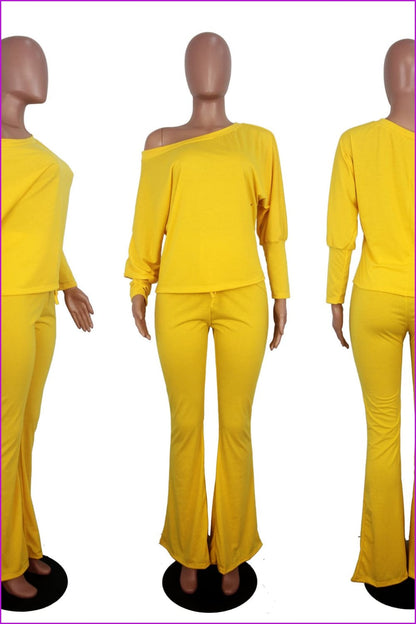 Yellow/Red/Grey Boat Neck Batwings Top and Pants 2pcs Set F239 - Furdela