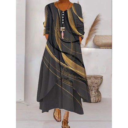 Women s Color Block Long Maxi Dress Button Layered Casual Dress Swing Dress Print Dress Fashion Modern Daily Vacation Weekend 3/4 Length Sleeve Crew Neck Dress Loose Fit Silver Black White AS301