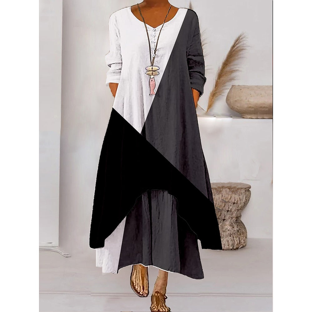 Women s Color Block Long Maxi Dress Button Layered Casual Dress Swing Dress Print Dress Fashion Modern Daily Vacation Weekend 3/4 Length Sleeve Crew Neck Dress Loose Fit Silver Black White AS301