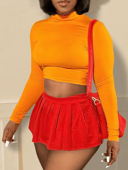 Turtleneck Crop Top Pleated Skirt Set AT8047