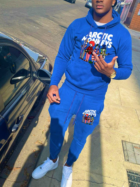 Men Cartoon Letter Print Kangaroo Pocket Tracksuit Set F4110