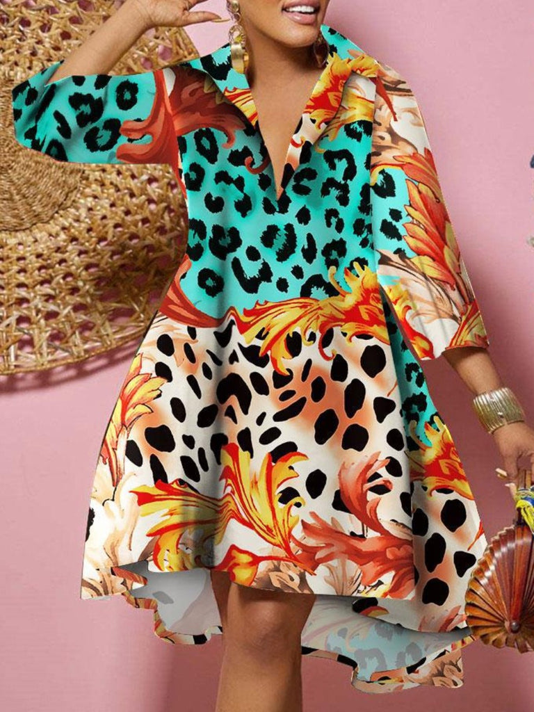 Plus Size Leopard Floral Print A Line Dress AC2063