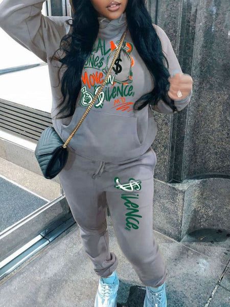 Plus Size Letter Print Kangaroo Pocket Tracksuit Set AT9053